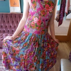 VTG 90's Crinkly Floral Print Drop Waist Dress